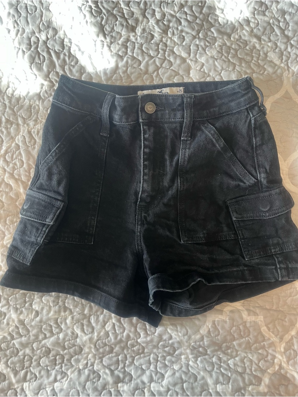 Hollister Black High-Rise Denim Cargo Shorts